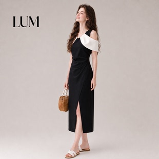 LUM 黑色法式赫本风露肩连衣裙女夏季新款高级感修身气质开叉长裙