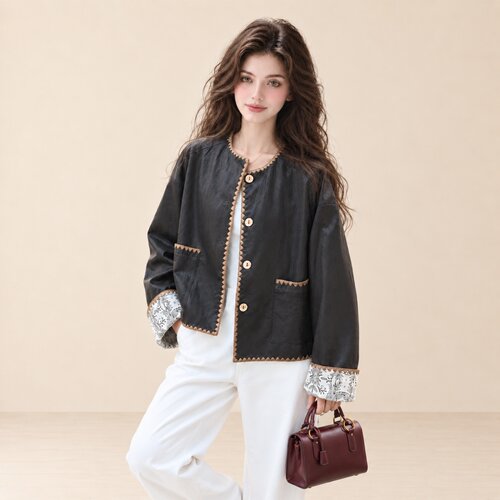 LUM 咖色圆领短款皮衣外套女2026秋新款高级感小个子pu皮夹克上衣