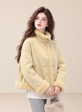 LUM 黄色两面穿皮毛一体羊羔毛短外套女冬温柔减龄加厚巨好看棉服