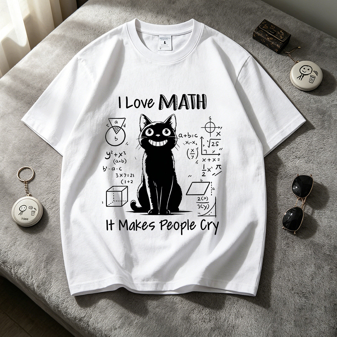 数学公式黑猫印花短袖T恤男女学生猫咪创意个性趣味卡通风上衣服