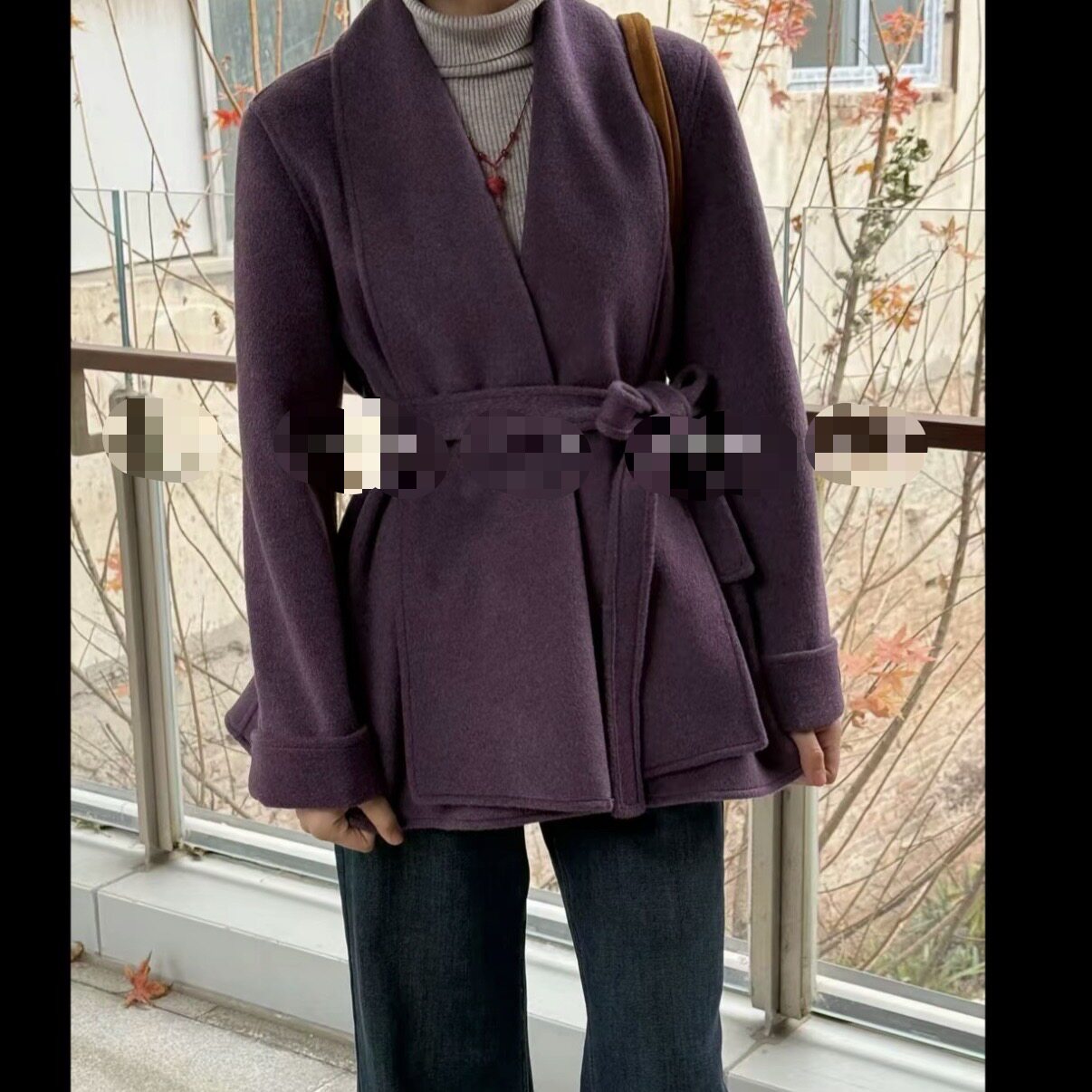 2026春新款韩版紫色短款小个子羊毛大衣女浴袍款系带收腰毛呢外套