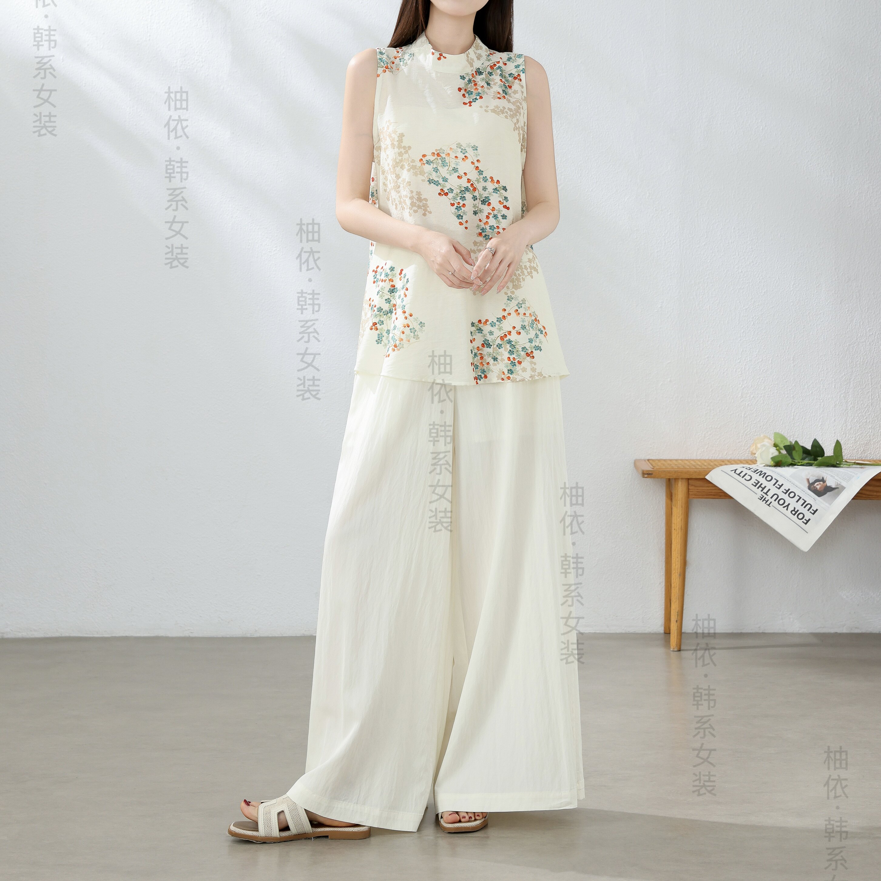 新中式时尚套装女士2026年夏季新款国风印花无袖t恤阔腿裤两件套