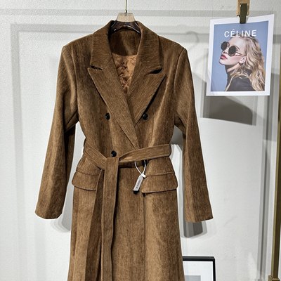 美拉德2025冬款复古雪尼尔长款加棉咖啡色外套系带过膝百搭大衣女