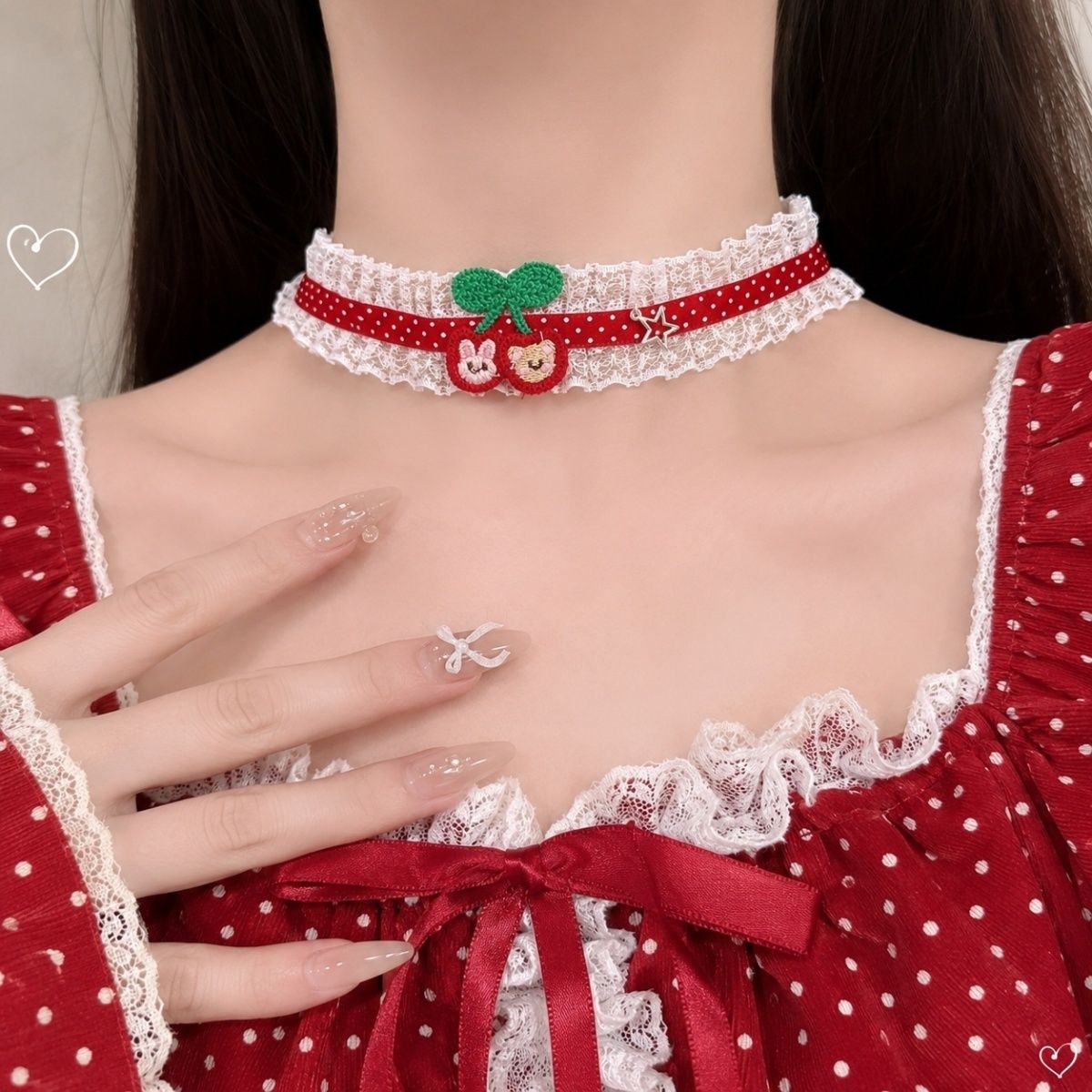 洛丽塔樱桃波点蕾丝choker项圈