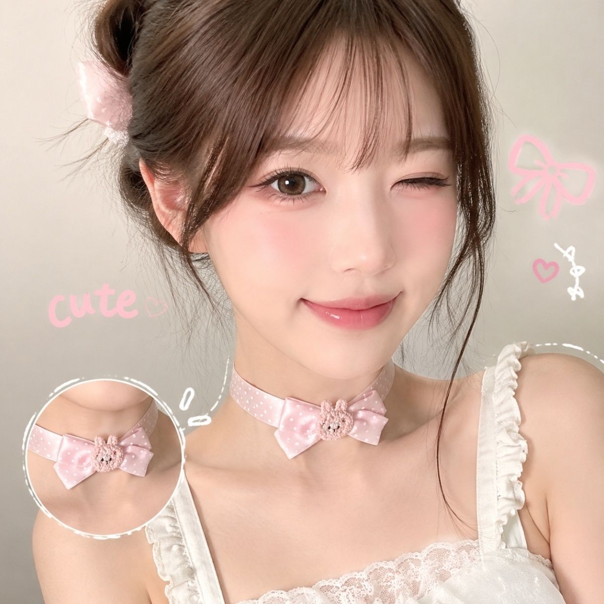 洛丽塔原创粉色波点小兔颈链Lolita少女心蝴蝶结choker项圈配饰