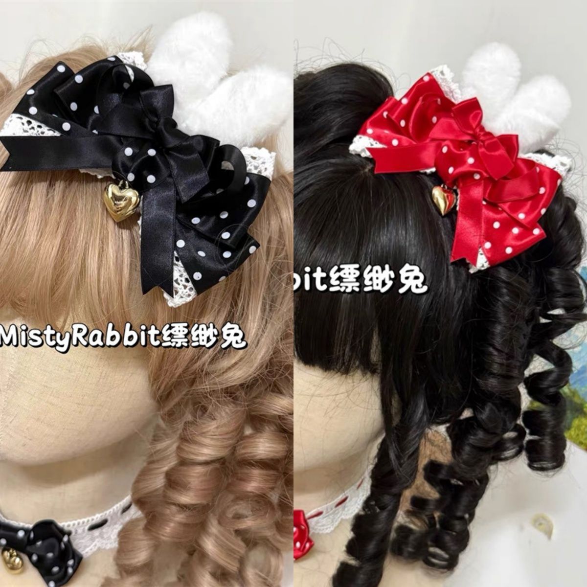 手作洛丽塔黑红波点兔耳发夹