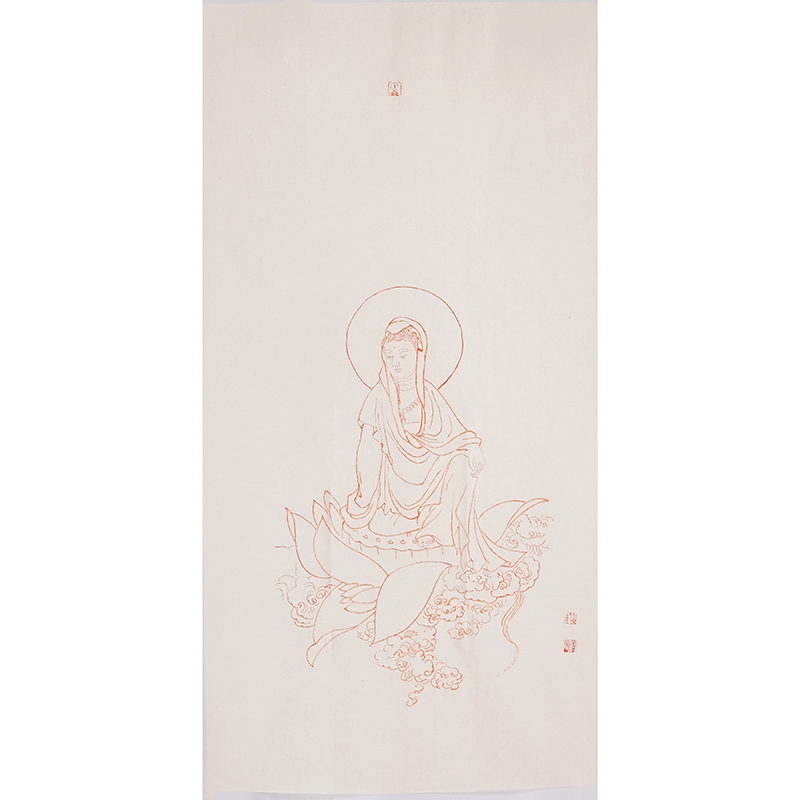 国画观音菩萨画像朱砂线描佛像线条优美禅意人物画崔修闻真迹0409