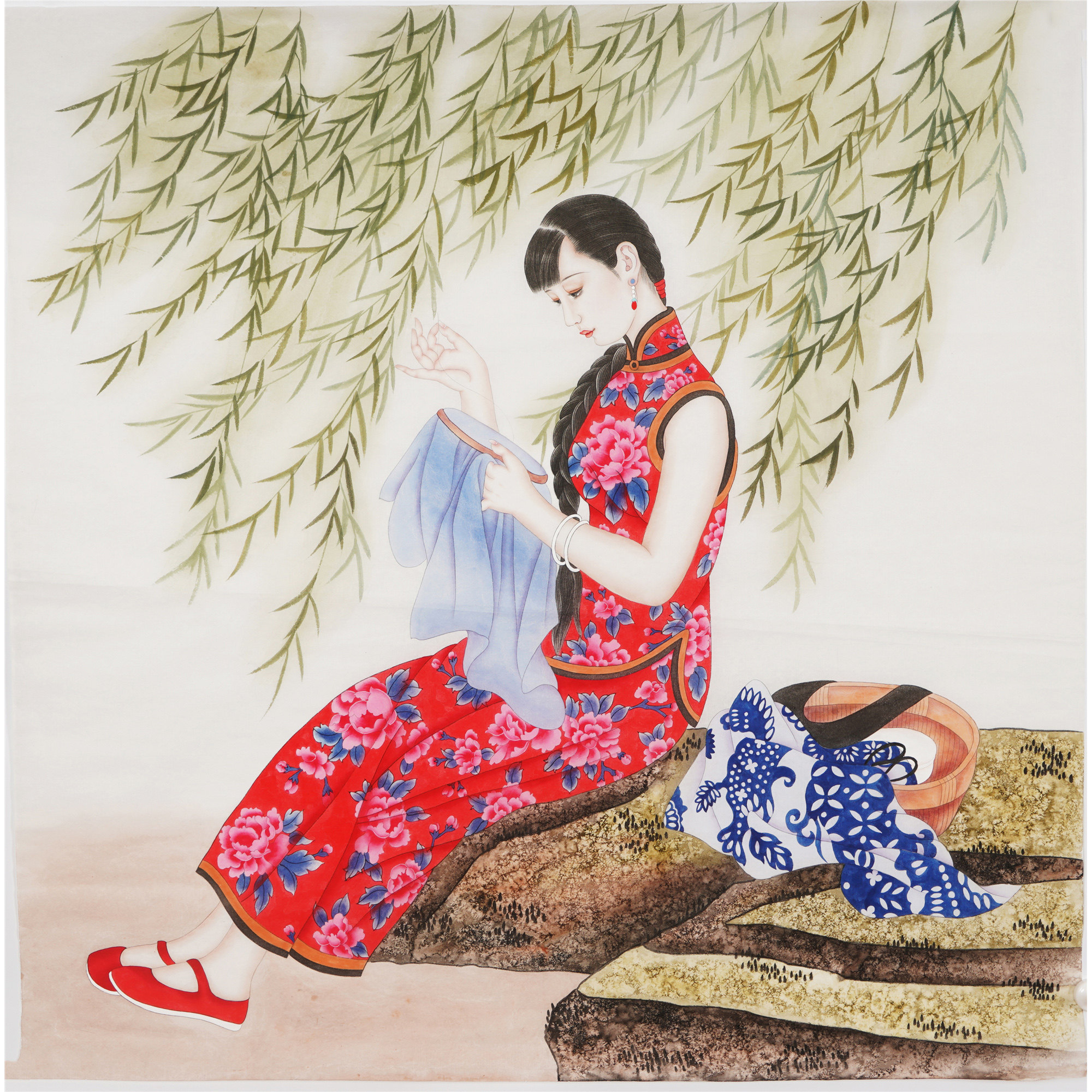 工笔画国画四尺斗方工笔仕女图绣女图没提款人物无款画04713