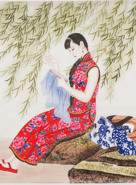 工笔画国画四尺斗方工笔仕女图绣女图没提款人物无款画04713