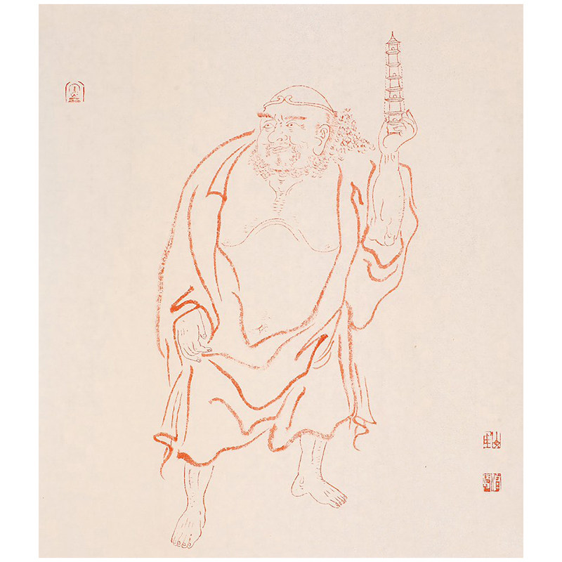 国画罗汉 朱砂线描罗汉佛像  禅心万象禅意人物画崔修闻00002