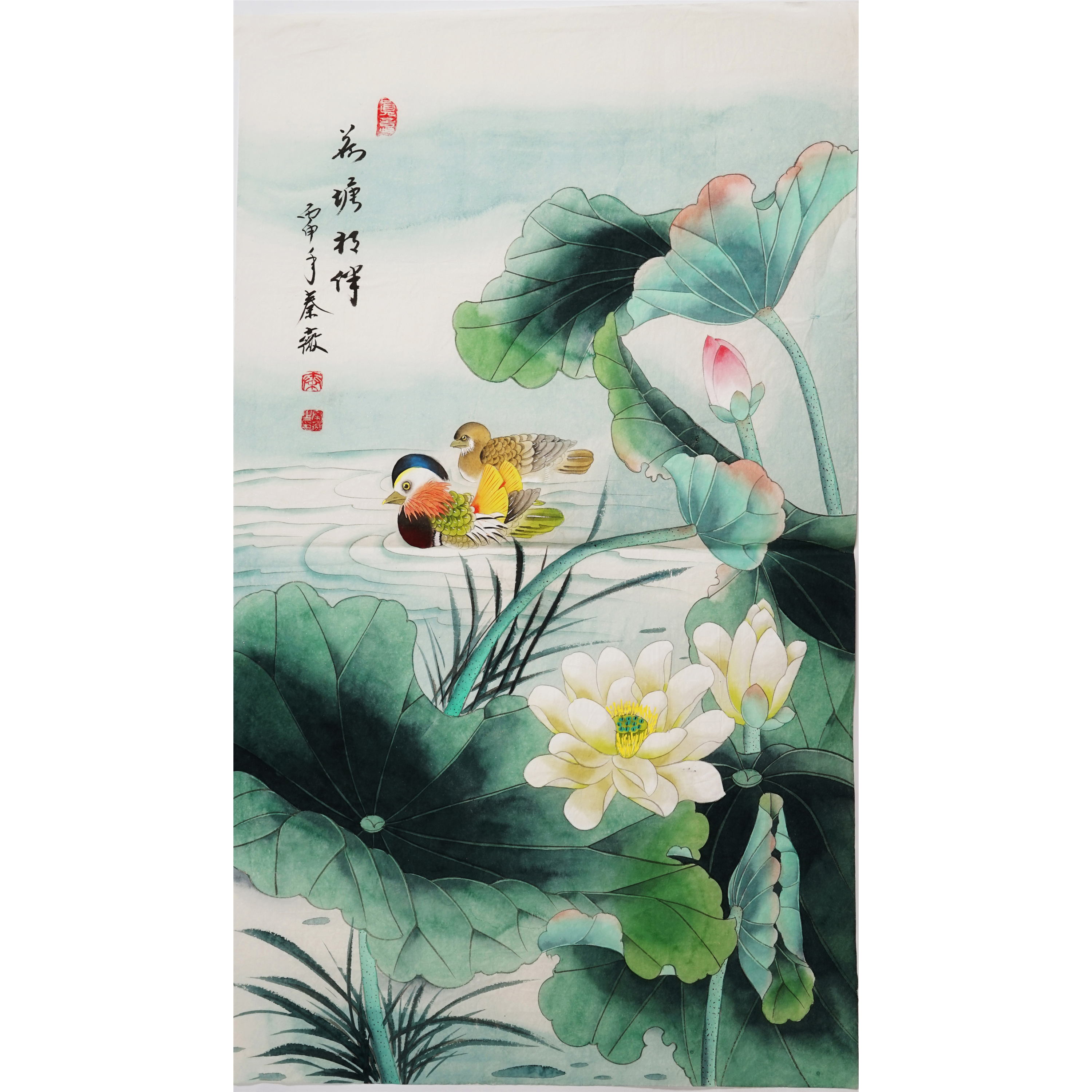 三尺工笔画荷花国画玄关客厅卧室字画荷塘相伴鸳鸯秦薇纯手绘1135