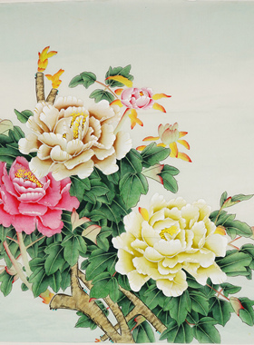 纯手绘牡丹荷花无款工笔画