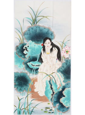 纯手工国画工笔画四尺仕女图香荷人物画没题款无款画04730