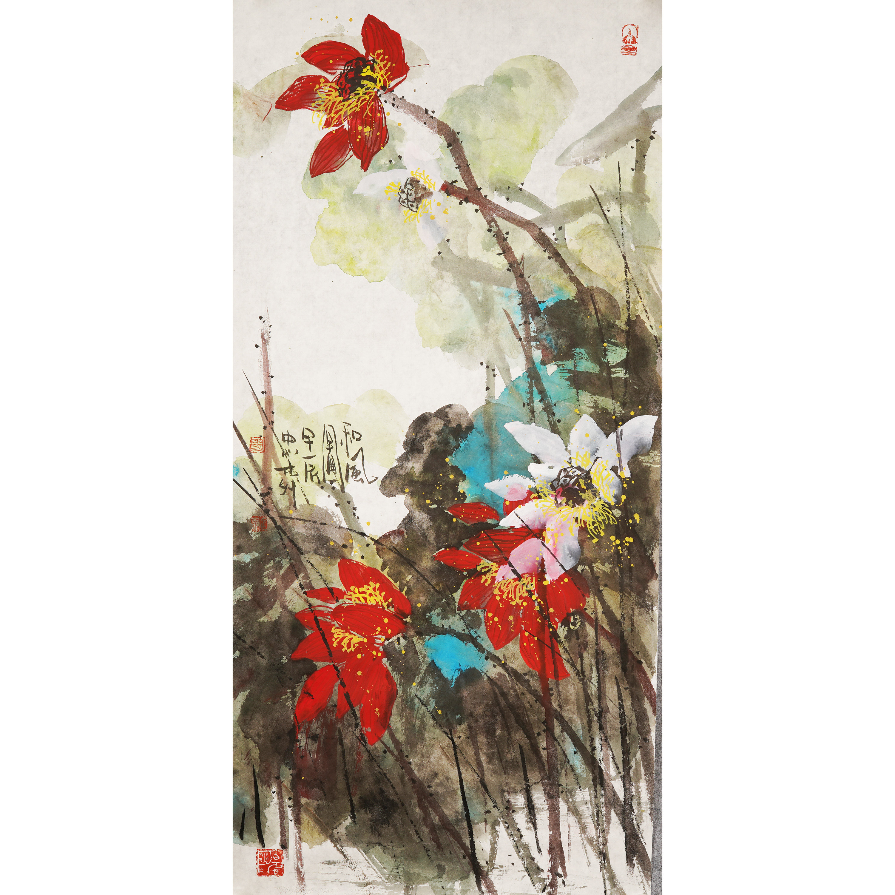 重彩荷花三尺竖款纯手绘国画玄关走廊客厅装饰挂画熟宣廖忠柳真迹