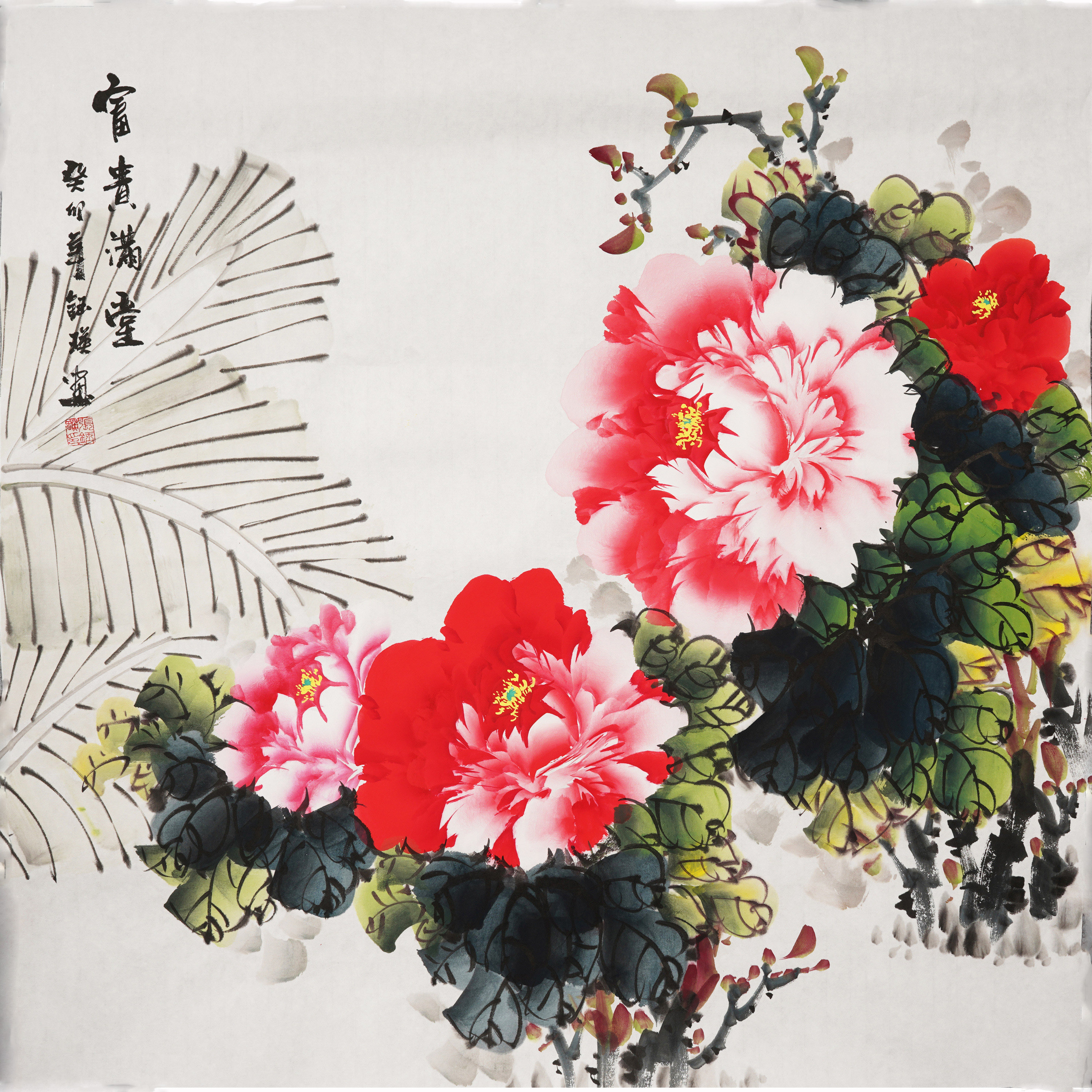 花开富贵牡丹国画纯手绘真迹中式客厅装饰画手工花鸟挂画三尺斗方