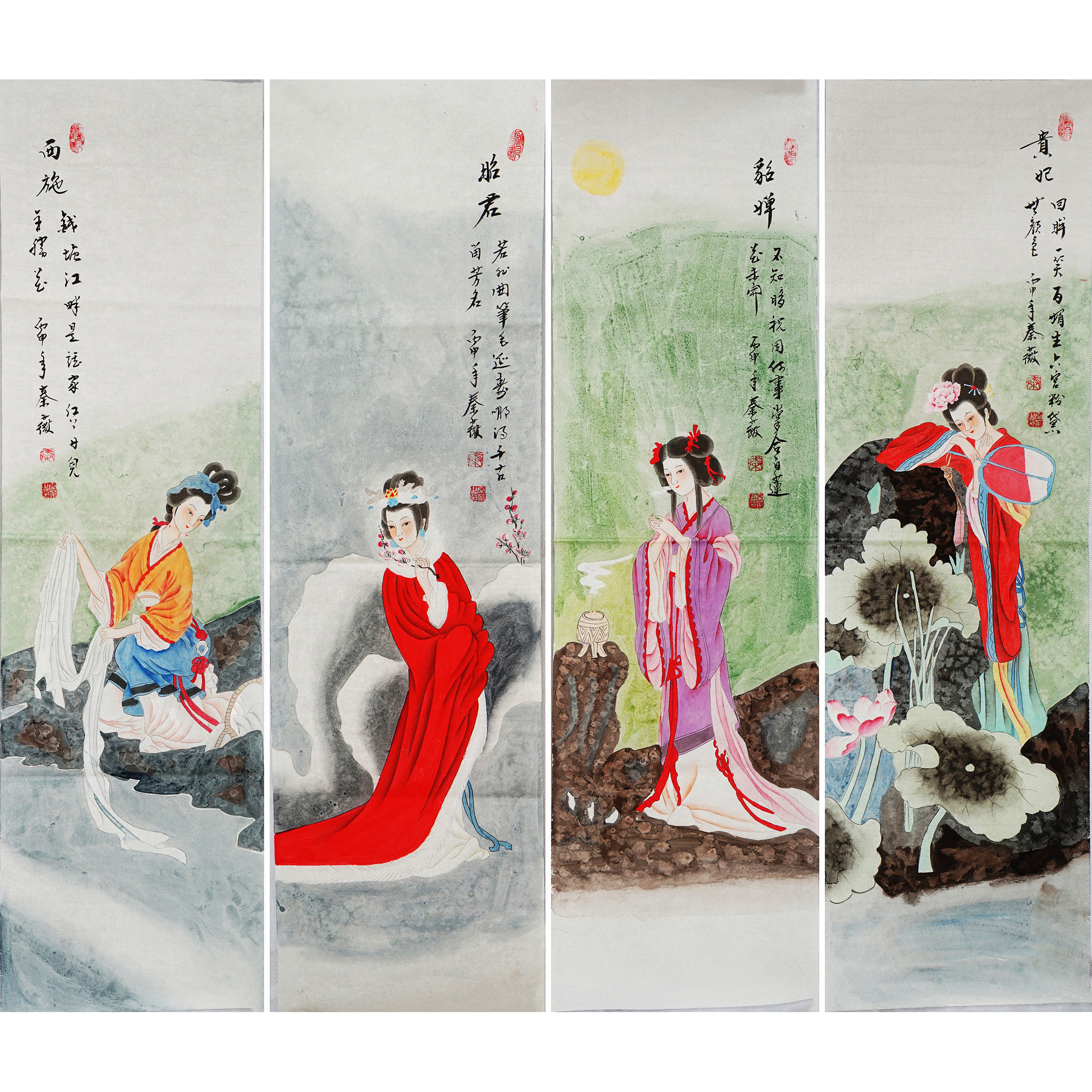 工笔仕女图四美人四大美女杨贵妃貂蝉昭君西施人物条屏秦薇画1140