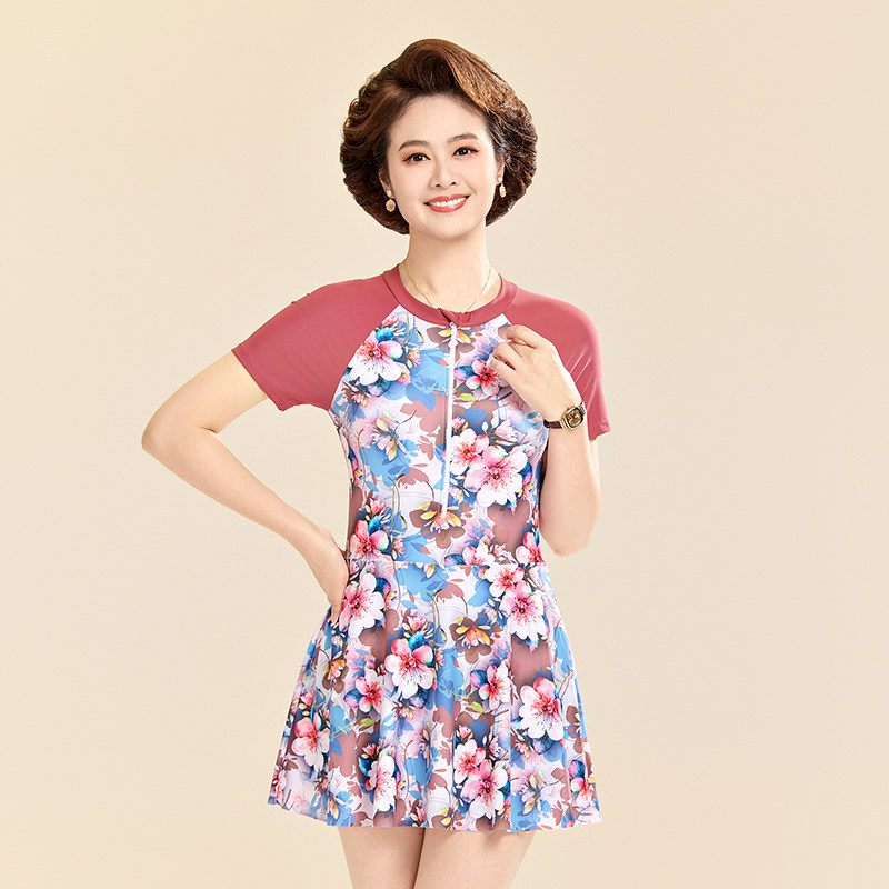 时尚新款加大码沙滩高弹遮肚显瘦中老年平角裤裙式连体游泳衣女