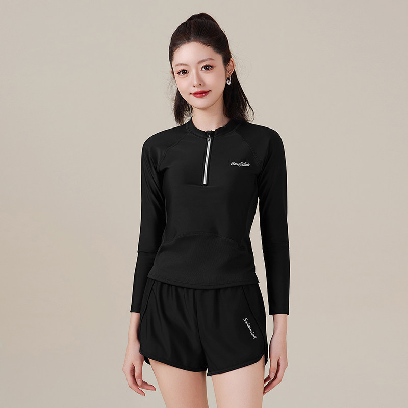 纯色运动款加大码沙滩防晒如厕款学生款平角假两件分体游泳衣女