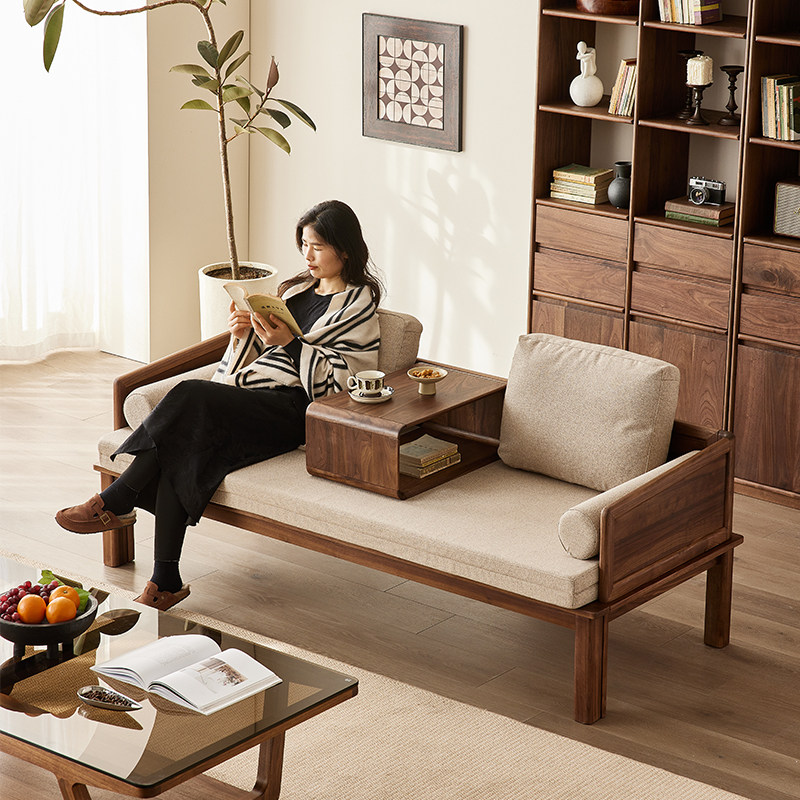 实木罗汉床北美黑胡桃新中式客厅沙发床书房沙发可抽拉一体多功能