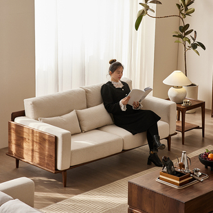 北美黑胡桃实木布艺沙发现代简约客厅直排四人沙发小户型北欧