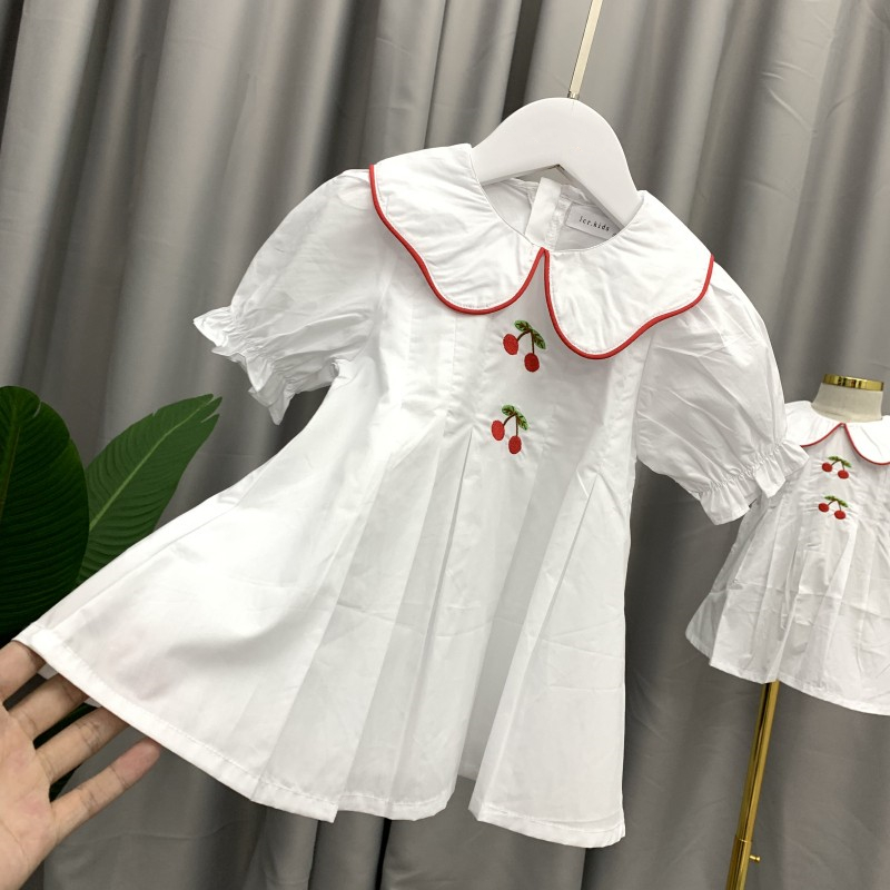特价夏季新款女童樱桃翻领连衣裙2洋气3泡泡袖4岁女宝宝短袖裙子1