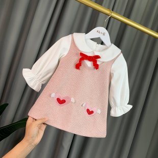 秋冬装新款女童连衣裙加绒加厚洋气学院风粉色2毛呢3岁宝宝公主裙