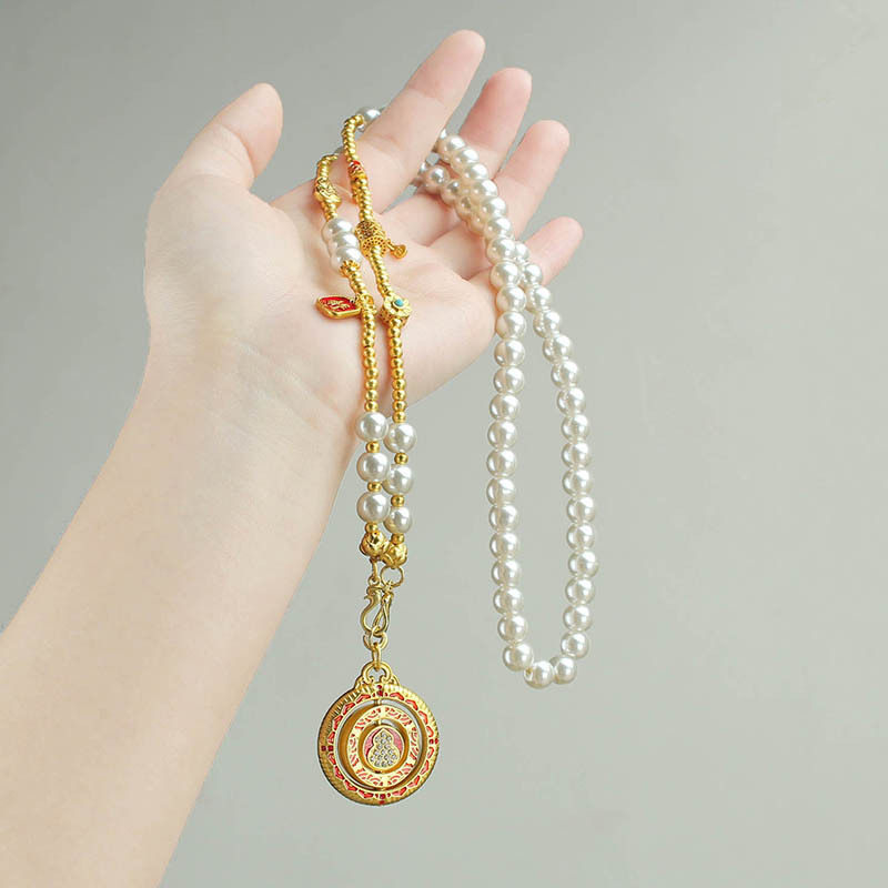 爆款新中式国风可转动圆牌吊坠仿珍珠长款项链女小众毛衣链配饰品