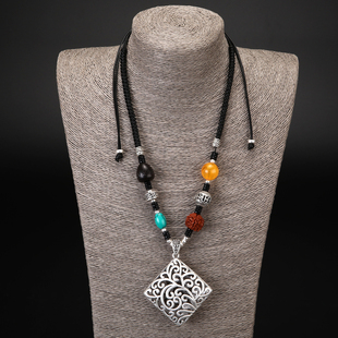 民族风复古四方来财毛衣链女时尚项链长款手工编织百搭个性配饰品