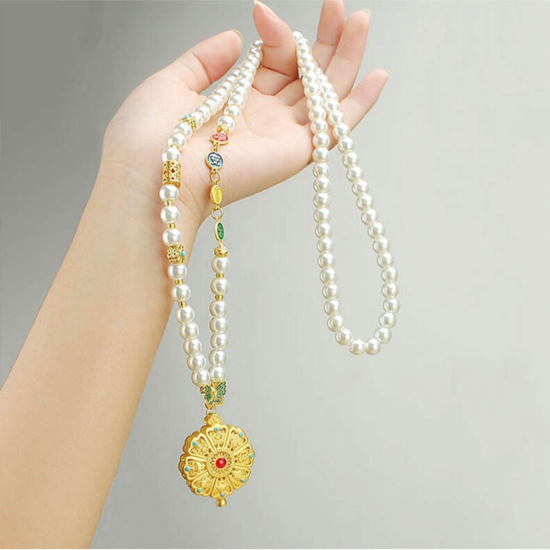 古法镂空多宝吊坠项链女新中式国风汉服配饰长款仿珍珠毛衣链