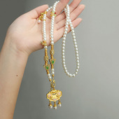 锦鲤莲花如意锁仿珍珠长款 项链珐琅彩工艺新中式 国风毛衣链配饰品