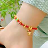 2024爆款 金色烧蓝平安喜乐古法幸运珠财神爷钱币精致百搭新脚链女