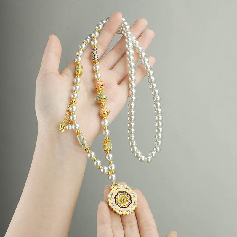 古法新中式点钻圆盘仿珍珠项链百搭可转动吊坠精致国风长款毛衣链