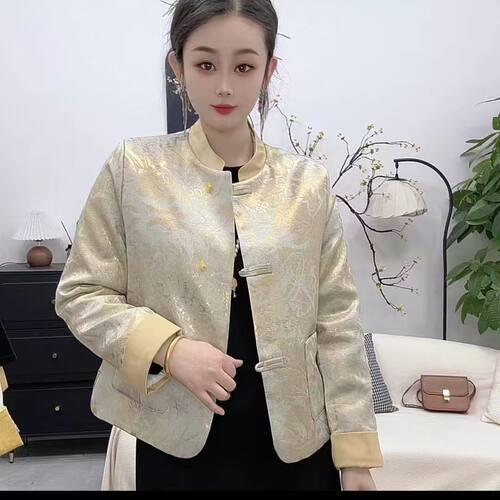 新中式缎面加棉短外套唐装上衣