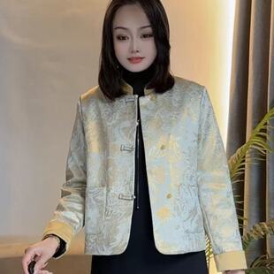 新中式国风缎面印花薄棉拼接外套女春秋时尚减龄短款夹棉保暖上衣
