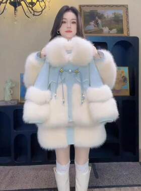 大口袋女童秋冬外套女孩加绒加厚仿皮草中大童派克服洋气亲子外套