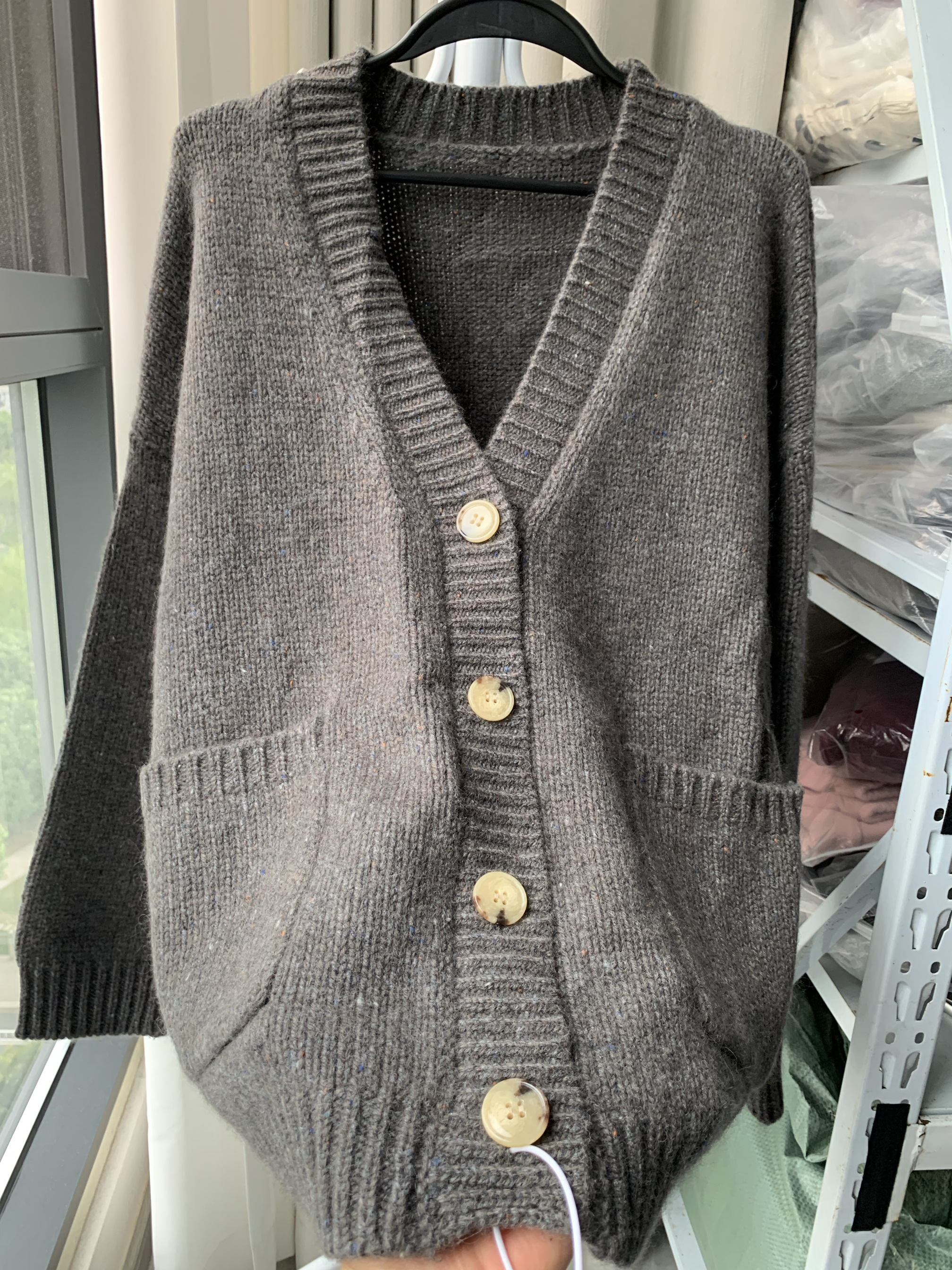 极简老钱风骆驼绒V领中长款针织开衫外套女秋冬加厚宽松显瘦上衣