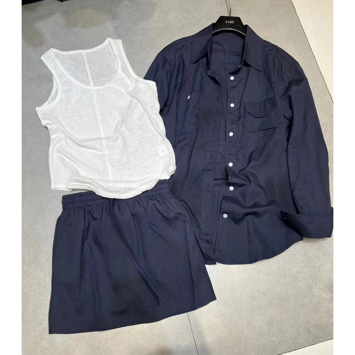 欧货三件套女亚麻防晒长袖衬衫+背心+洋气半身短裙时尚减龄套装潮