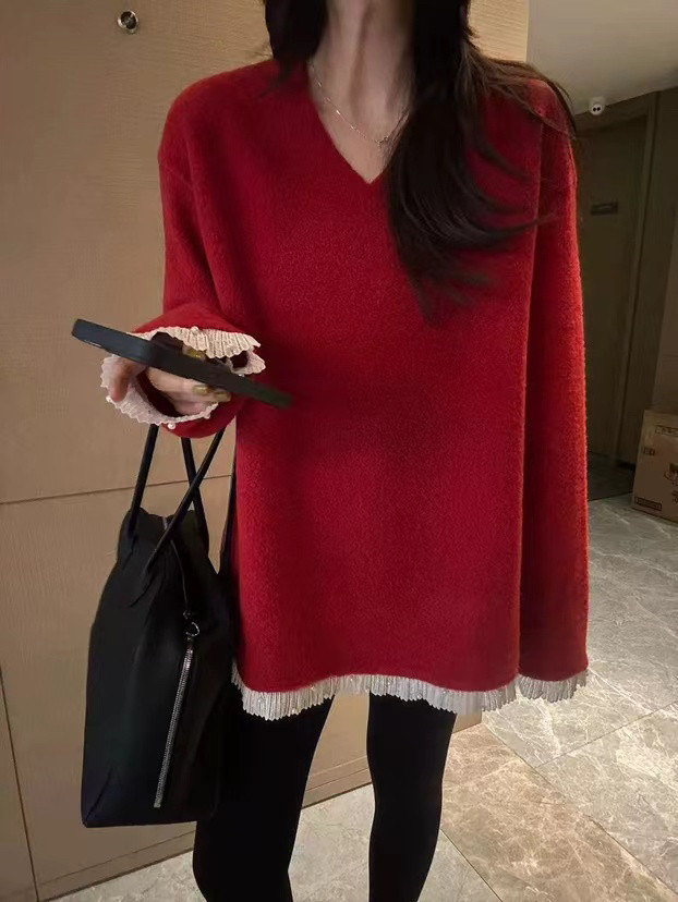 慵懒风高级感红色新年v领订珠拼接卫衣女中长款上衣女遮屁股洋气