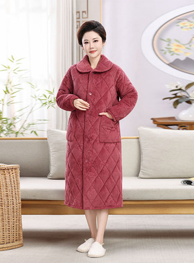 2025冬季新款中老年三层夹棉加绒加厚睡袍送妈妈的中长款家居服