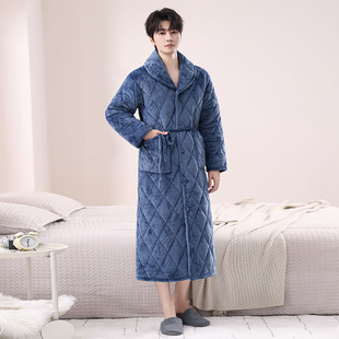 纽扣浴袍睡袍 睡袍牛奶绒三层夹棉加绒加厚保暖家居服长款 冬季 男士