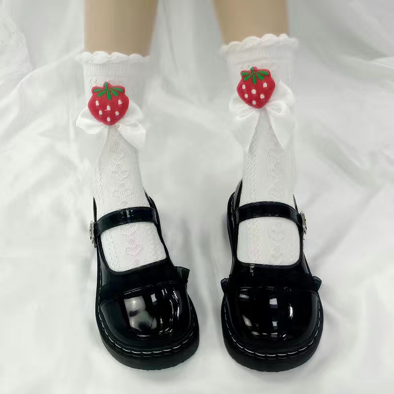 袜子女草莓爱心泡泡口花边中筒袜