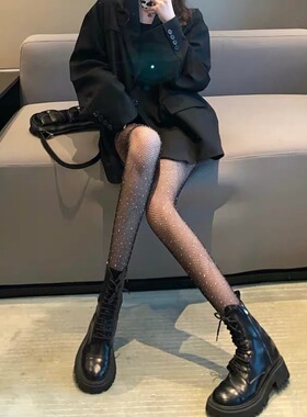 夏季性感黑色丝袜女薄款镂空渔网袜ins黑丝带钻亮闪闪袜子连脚袜