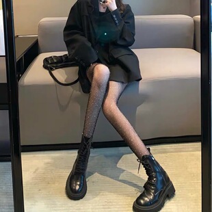 夏季性感黑色丝袜女薄款镂空渔网袜ins黑丝带钻亮闪闪袜子连脚袜