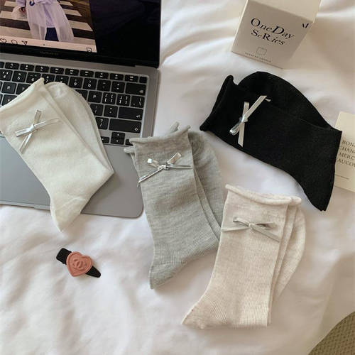 银色皮标蝴蝶结袜子女中筒春夏薄款韩系甜美学生少女卷边堆堆袜女