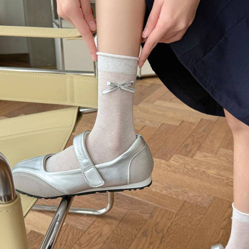 韩系甜美银色皮标蝴蝶结袜子女中筒春夏薄款学生少女卷边堆堆袜女
