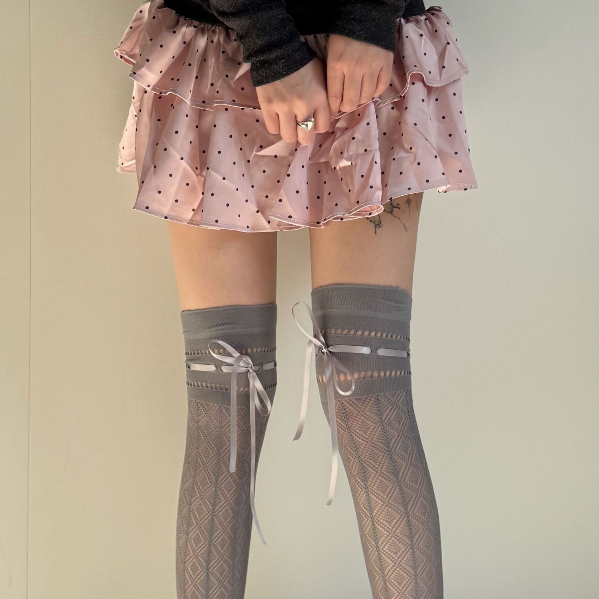 芭蕾风过膝袜春夏薄款镂空甜美细带穿绳蝴蝶结防勾丝渔网袜大腿袜