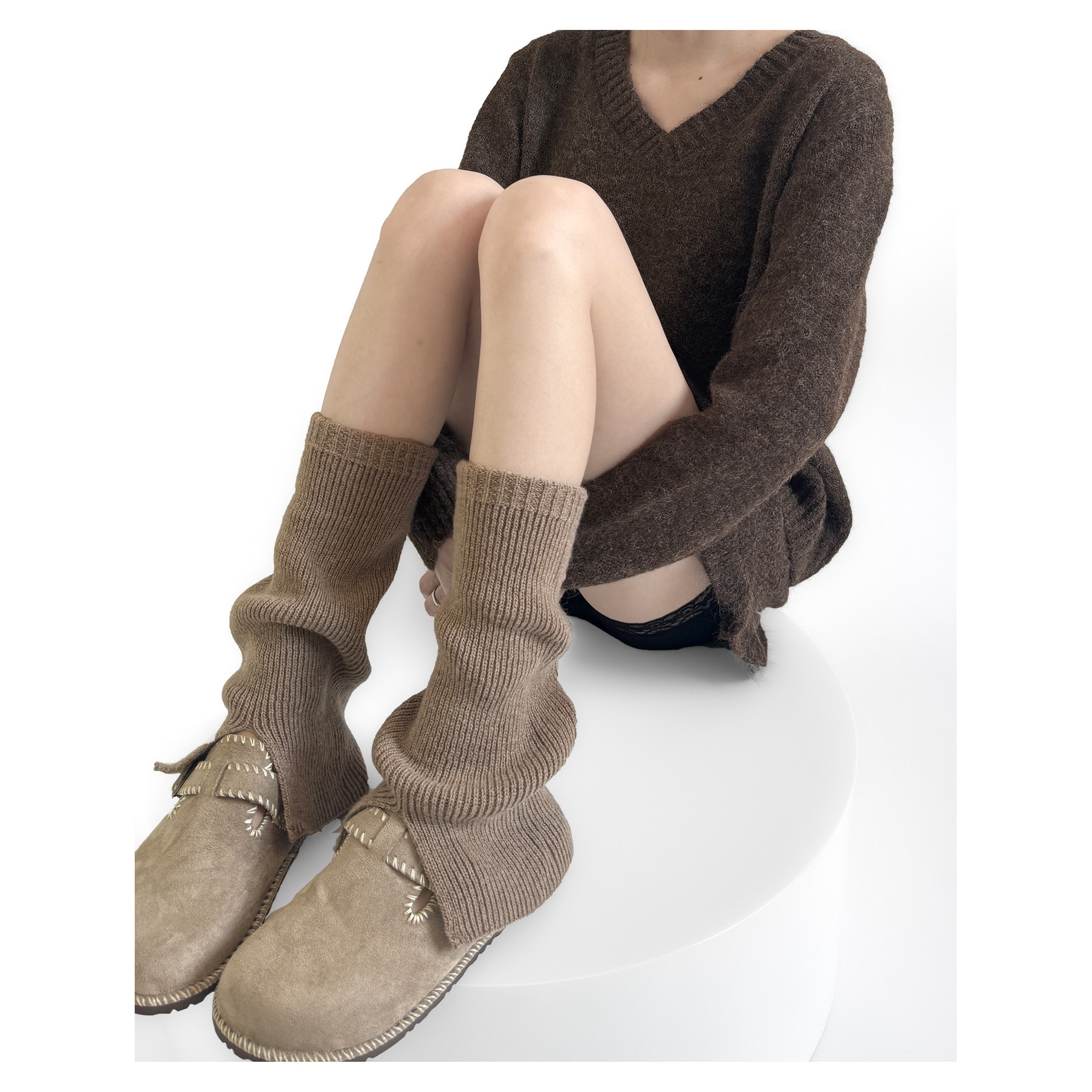 秋冬美拉德色袜套开叉羊毛针织袜套加厚保暖袜ins显瘦靴套堆堆袜