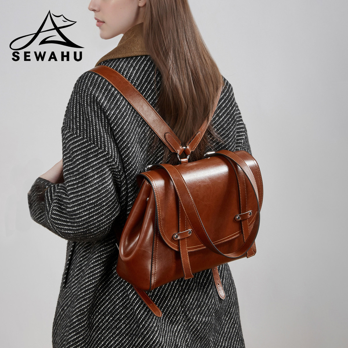 SEWAHU双肩包女皮质上班通勤2026新款大容量背包高级感小众可单肩