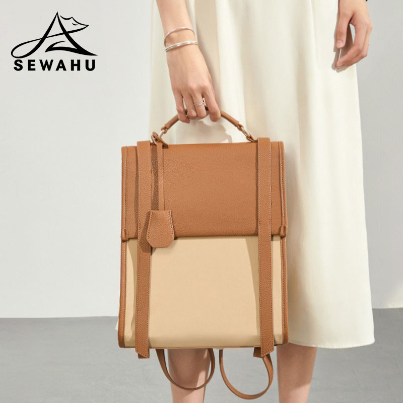 SEWAHU双肩包女士真皮通勤电脑背包2025新款小众休闲复古女小书包