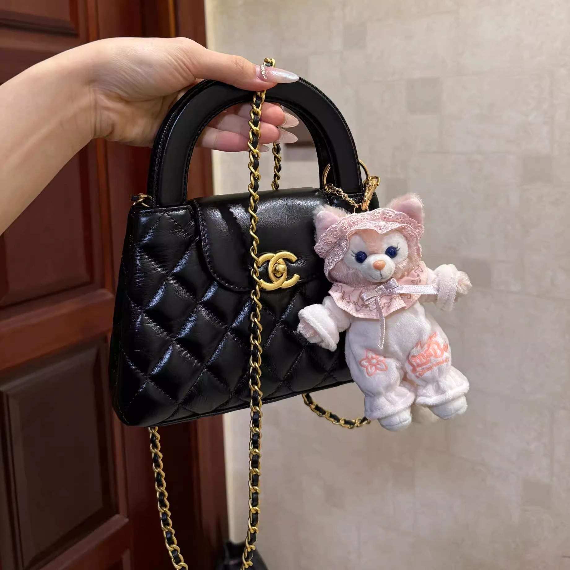 严选塔尖 小香风25P小牛皮kelly菱格黑色链条单肩斜挎手提包1122